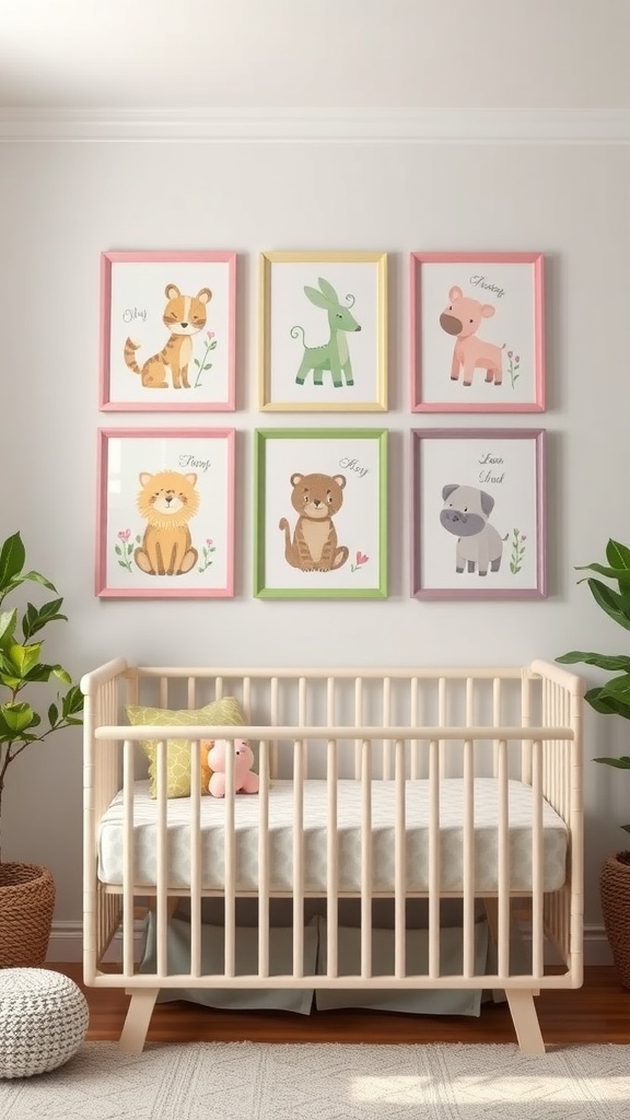 Colorful animal wall art in a pink and green nursery