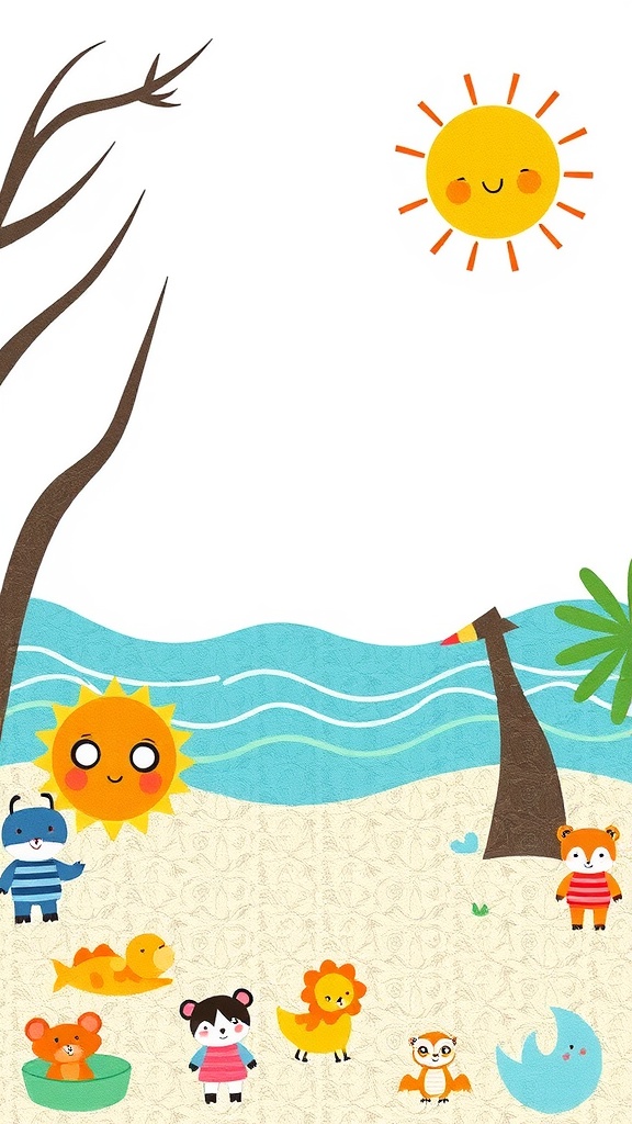 A whimsical illustration of a sunny beach with cute animal characters.
