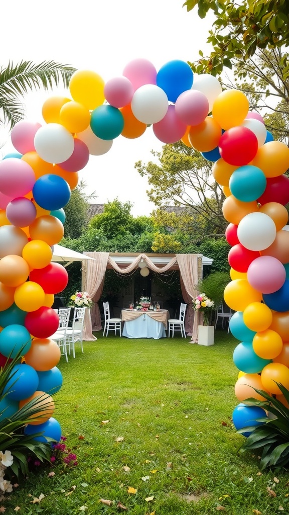 A colorful balloon arch leading to a beautifully decorated area for a baby shower