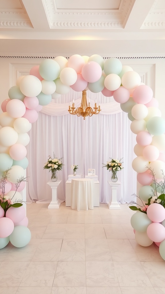 A whimsical balloon arch made of pastel colored balloons in pink, mint green, and white, with a chandelier above and flower arrangements on the sides.