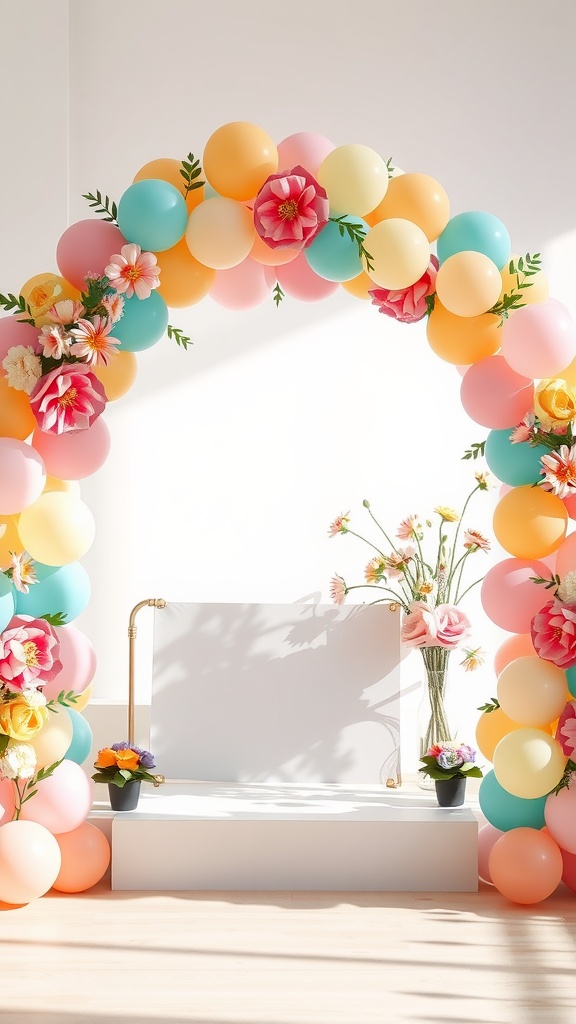 A colorful balloon arch decorated with flowers and greenery, creating a festive backdrop for a spring baby shower.