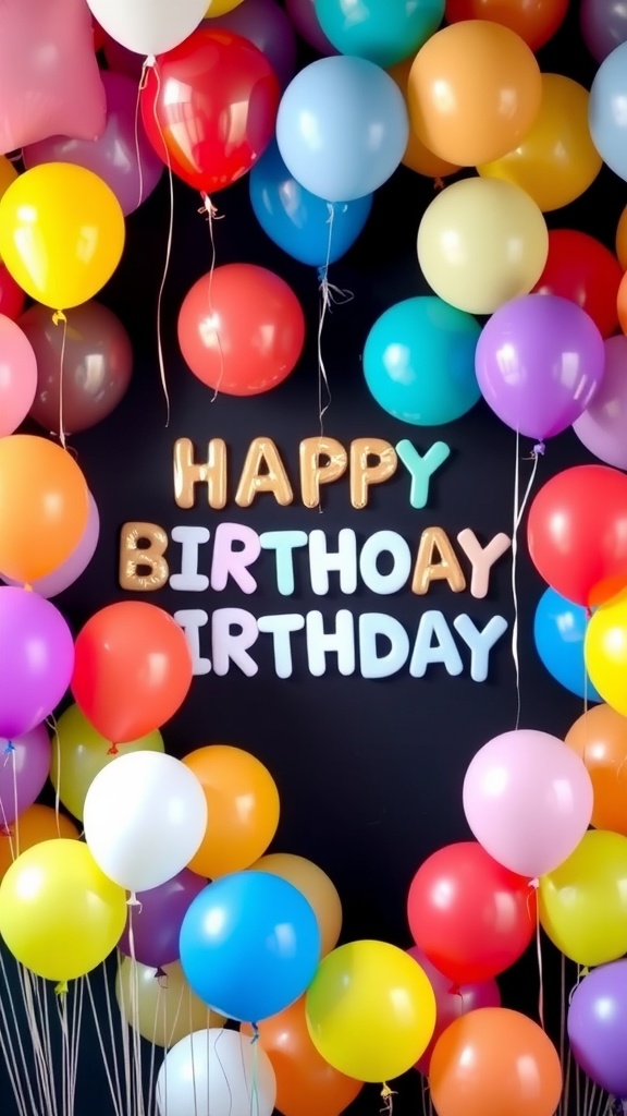 Colorful balloon decorations for a first birthday party with a 'HAPPY BIRTHDAY' sign.