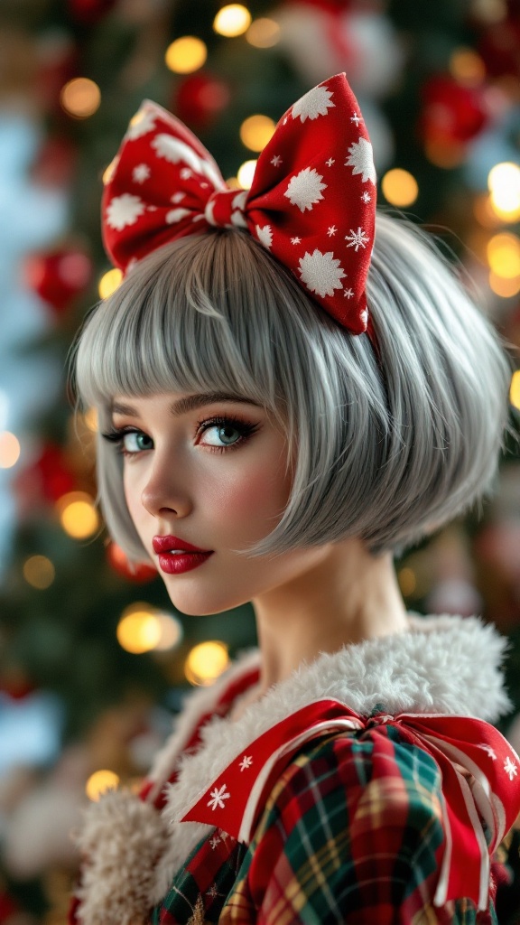 A stylish person with a large red bow in their hair, standing in front of a festive background.