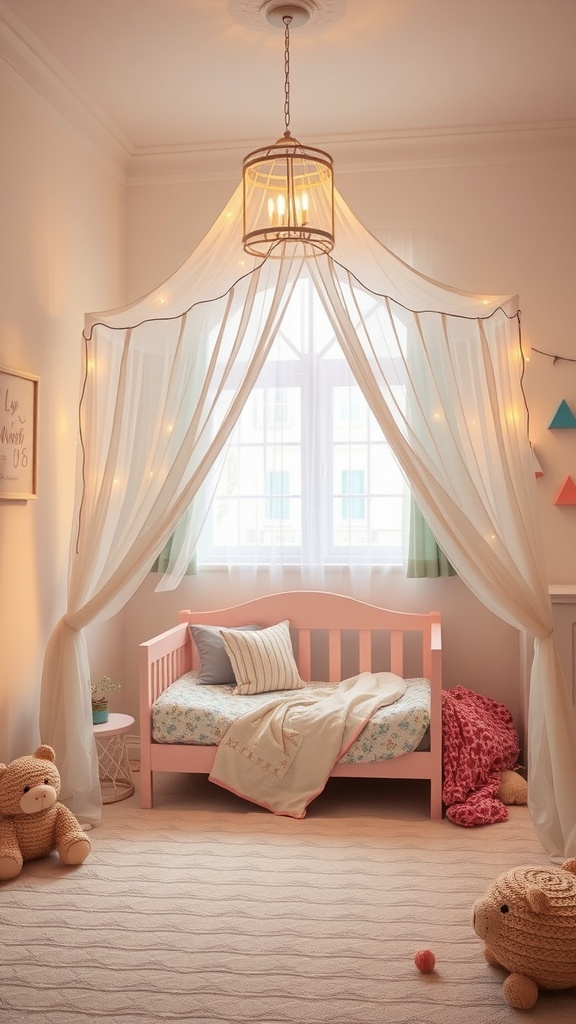 A cozy children's bedroom featuring a pink canopy bed with soft blankets, fairy lights, and adorable teddy bears.