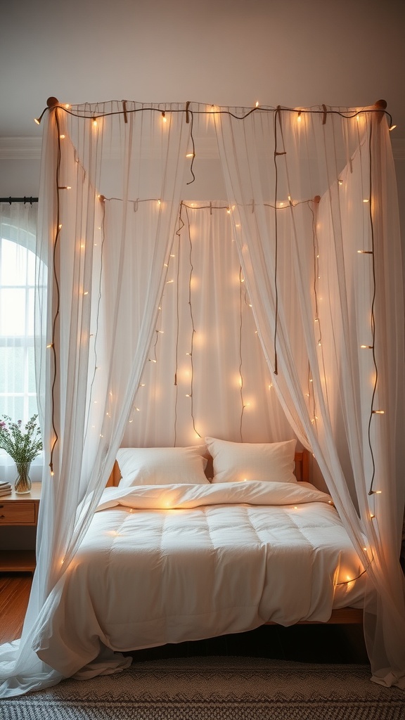 A cozy bedroom featuring a whimsical canopy bed with soft drapes and warm fairy lights.