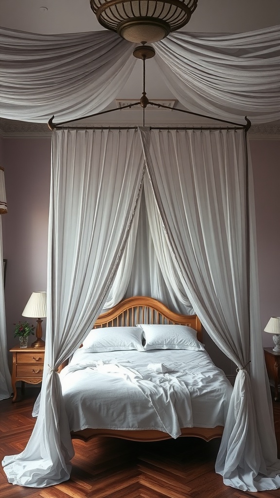 A cozy cottage bedroom featuring a wooden canopy bed draped with white fabric, complemented by warm lighting and soft bedding.