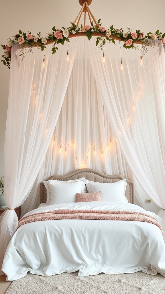 A cozy fairycore-inspired bedroom featuring a canopy bed with floral decorations and string lights.