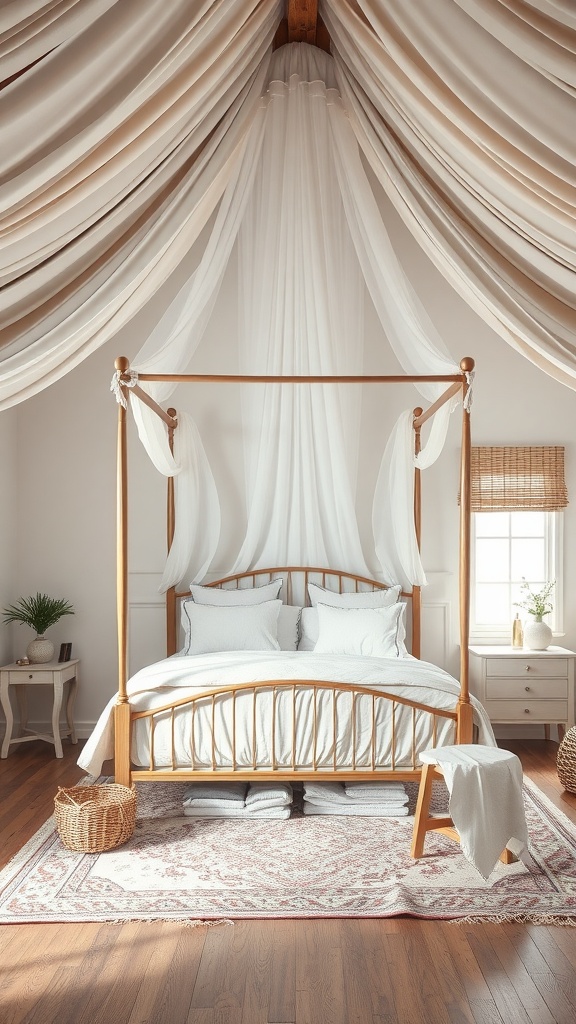 A cozy bedroom featuring a wooden canopy bed with soft drapes against a sloped ceiling.