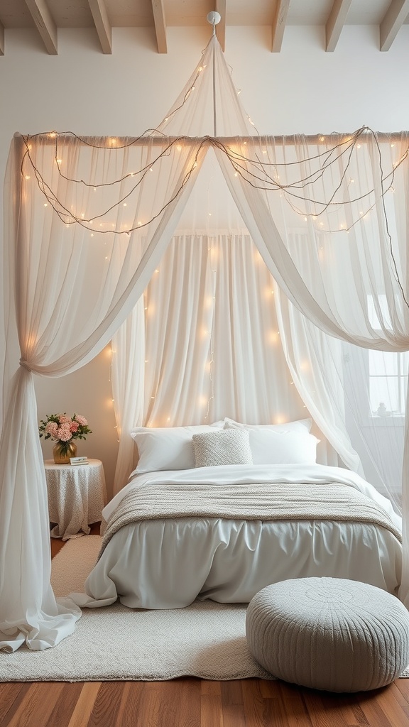 A cozy fairycore bedroom with a canopy bed draped in sheer curtains and fairy lights, featuring a plush pouf and a side table with flowers.