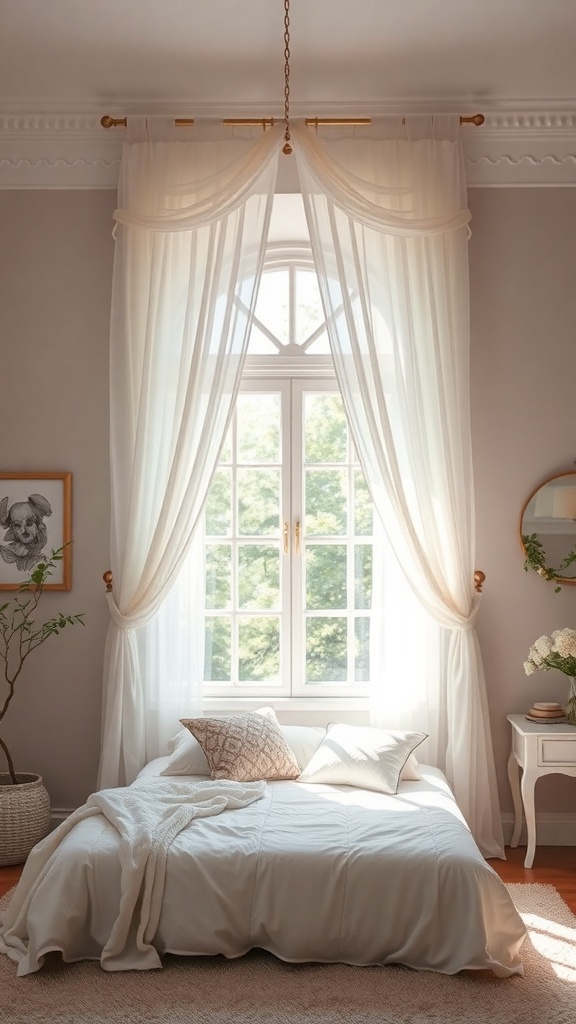 A cozy bedroom featuring sheer canopy curtains framing a large window, with a neatly made bed and decorative pillows.