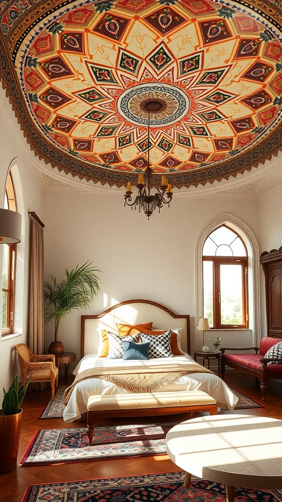 A Moroccan bedroom featuring an intricately designed ceiling with geometric and floral patterns, a luxurious bed, and warm wooden accents.