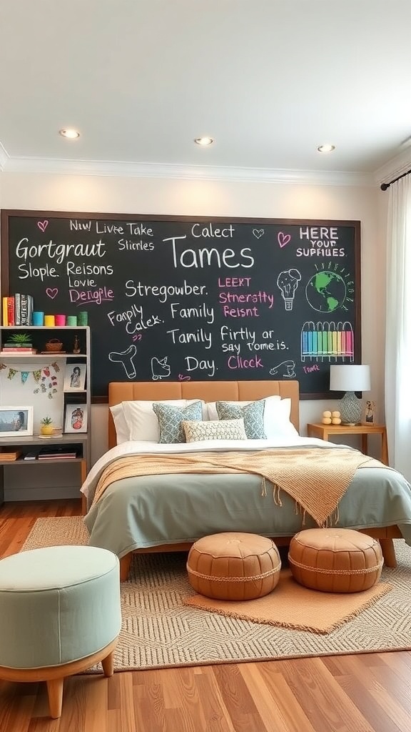 A cozy living room featuring a large chalkboard wall filled with colorful drawings and messages, a bed, and decorative elements.