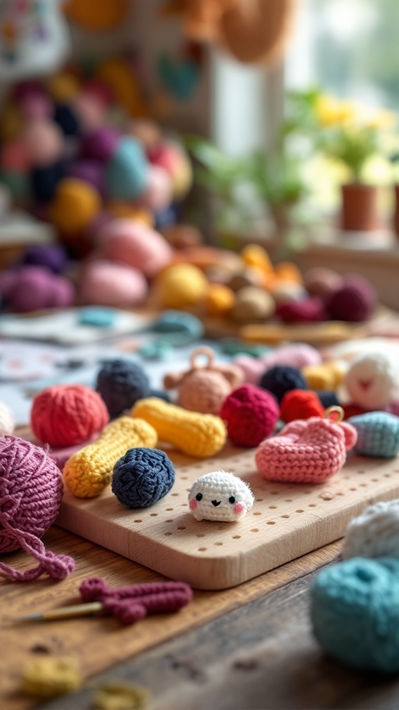 A variety of colorful crochet keyrings and yarn balls on a wooden surface.