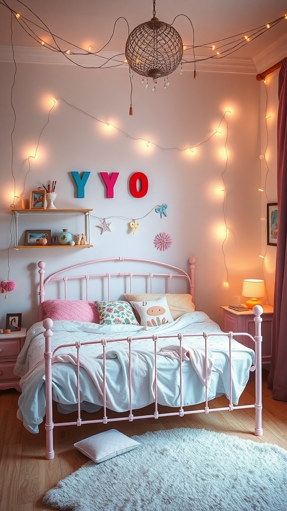 A pastel pink metal bed frame with soft bedding in a cozy bedroom, surrounded by fairy lights and colorful wall decor.