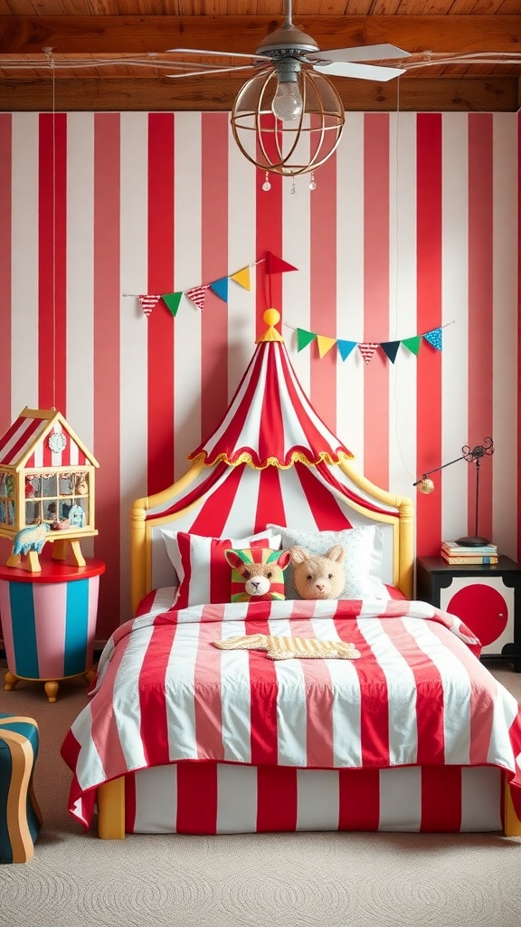 A colorful boys bedroom with a circus carnival theme featuring striped walls, a striped bed, and playful decor.