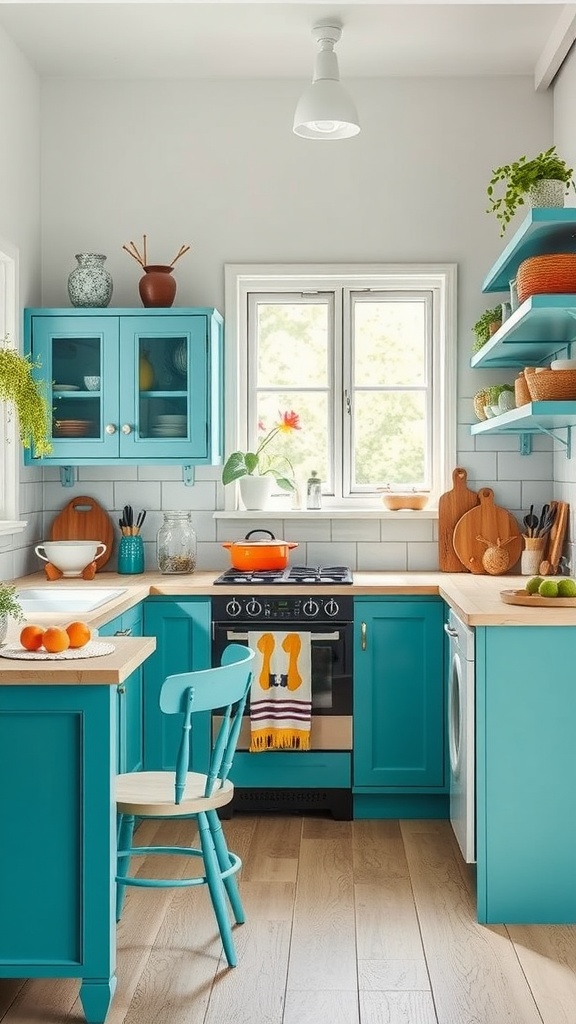 Bright turquoise cabinets and accents in a boho kitchen with wooden countertops and colorful decor