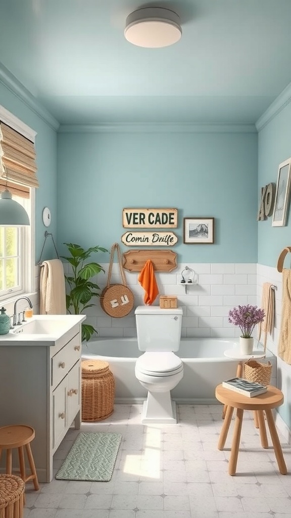 A cozy cottage bathroom with blue walls, wooden decor, plants, and a warm atmosphere.