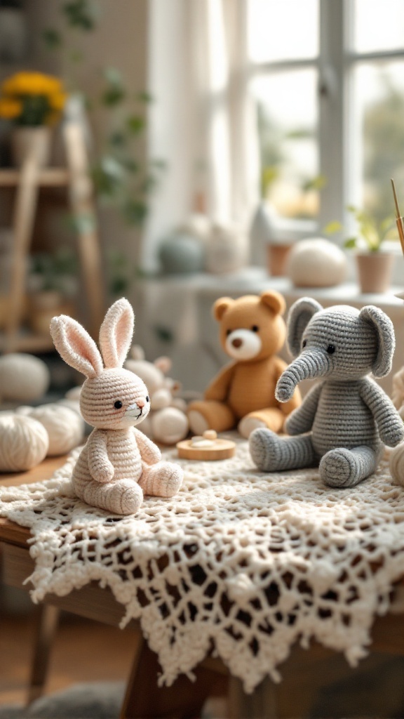 A cute crochet bunny and elephant sitting on a lace tablecloth in a cozy nursery setting.