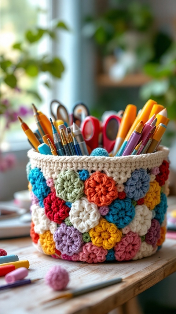 A colorful crochet basket filled with pens and scissors on a wooden table.