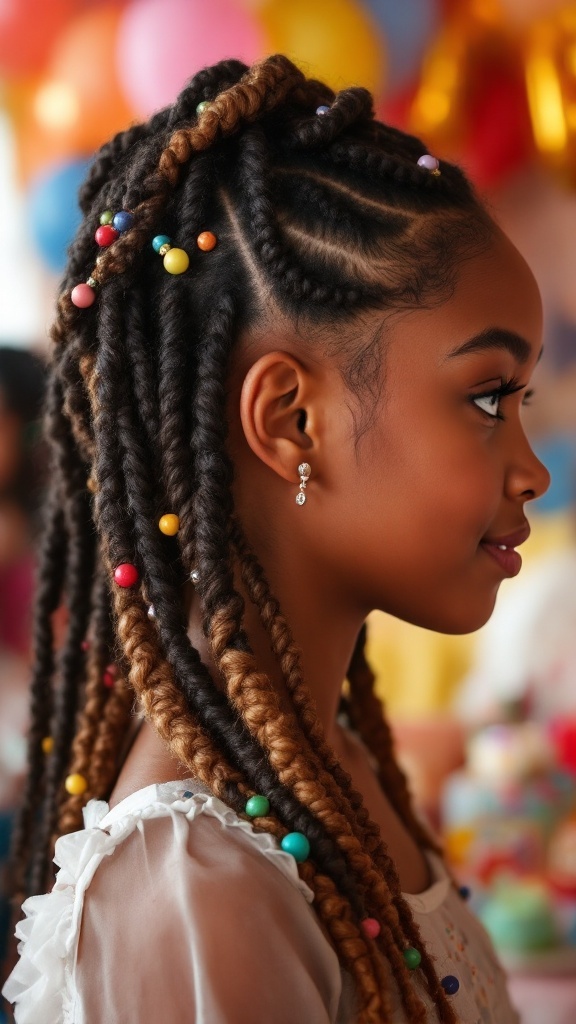A young girl with crochet twists decorated with colorful beads, showcasing a playful hairstyle.
