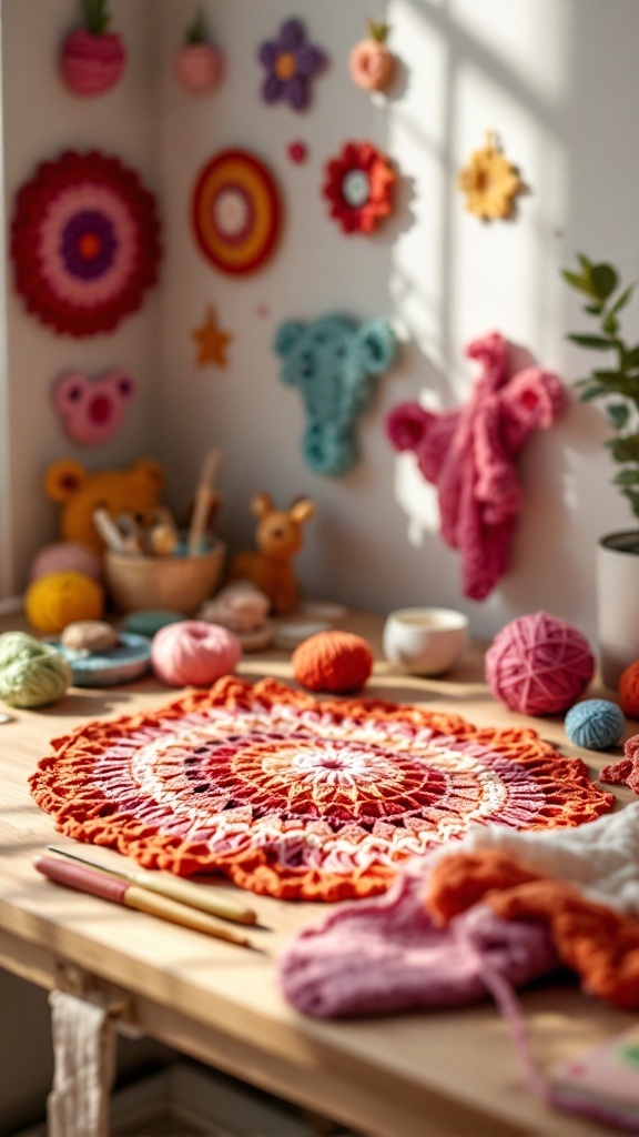 Colorful crochet wall hangings and yarn in a cozy workspace for kids' room decor.