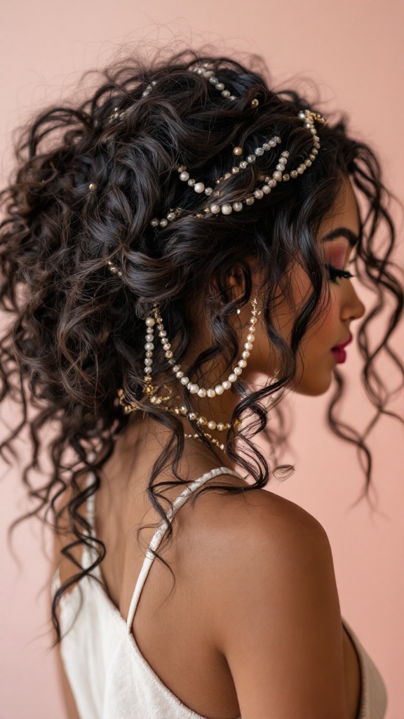 A woman with beautiful curls and beaded hair chains styled for an Indian wedding.