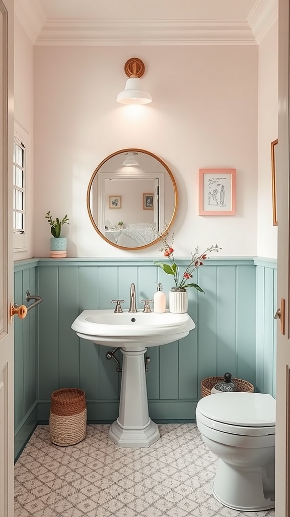A whimsical powder bathroom featuring pink walls, blue paneling, a round mirror, and decorative accents.