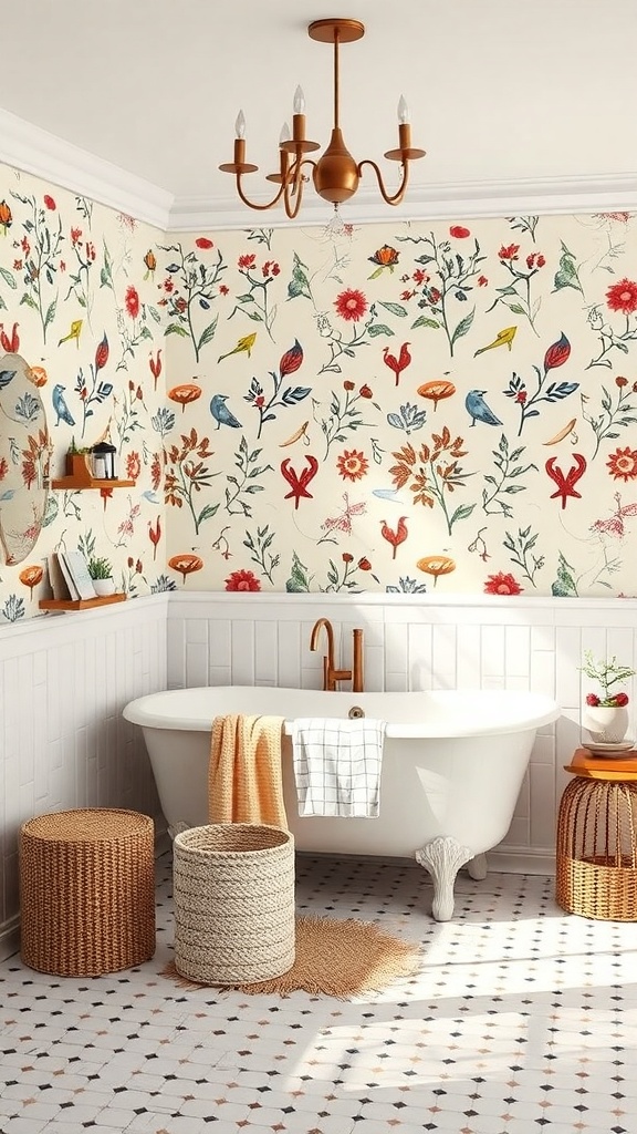 A whimsical bathroom with floral wallpaper, a freestanding tub, and stylish decor.