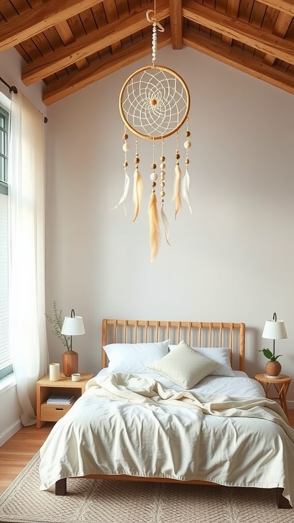 A soft girl bedroom with a dreamcatcher hanging above a bed, featuring warm wooden accents and soft bedding.