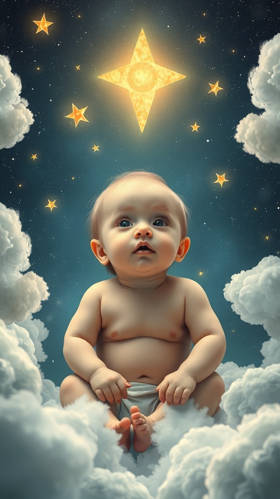 A baby sitting on clouds, looking up at a bright star in a fantasy-themed photoshoot.