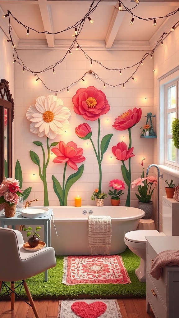 A whimsical bathroom with large flower wall art, string lights, and a green rug.