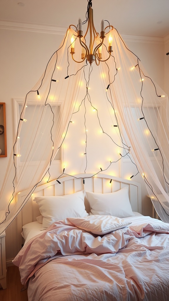 Bed with fairy light canopy and chandelier, creating a cozy and magical atmosphere.