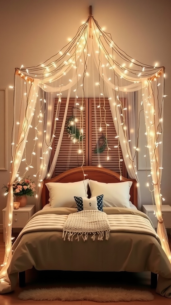 A cozy bedroom with a fairy light canopy above the bed, creating a warm and inviting atmosphere.