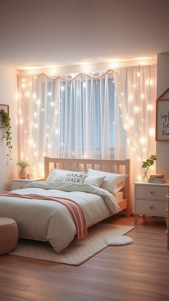 A cozy bedroom featuring soft white curtains with fairy lights, a wooden bed with neutral bedding, and a warm atmosphere.
