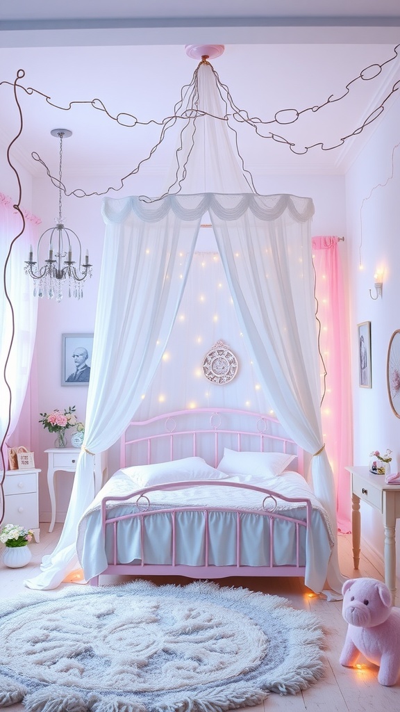 A cozy teen girl's bedroom featuring fairy lights draped from the ceiling, a pink bed with a canopy, and a soft rug.