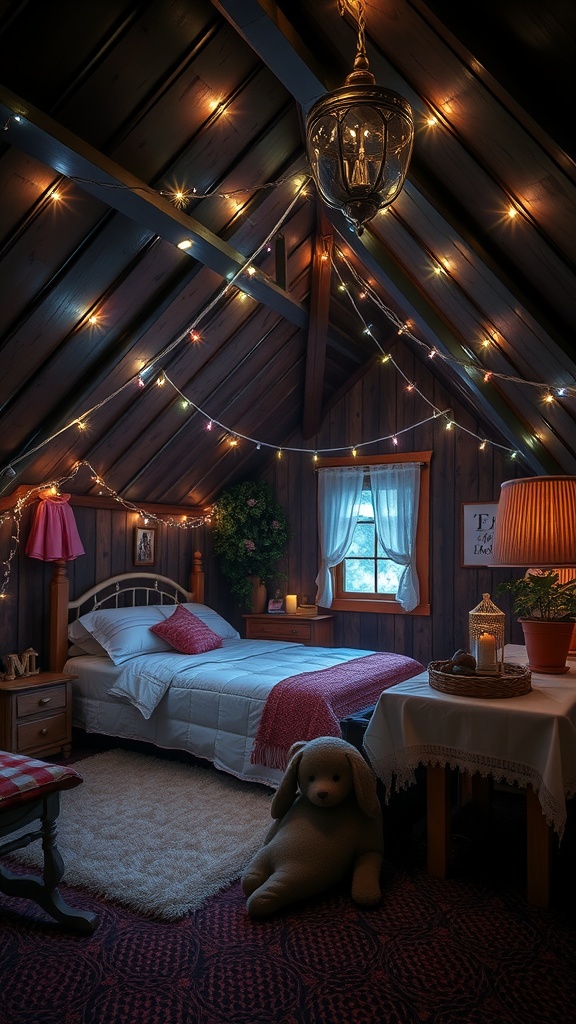A cozy attic bedroom decorated with fairy lights, featuring a white bed, plush rug, and warm lighting.
