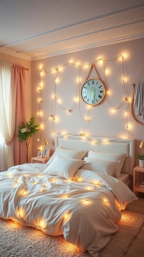 A cozy bedroom with fairy lights draped on the walls and bed, featuring soft bedding and warm colors.