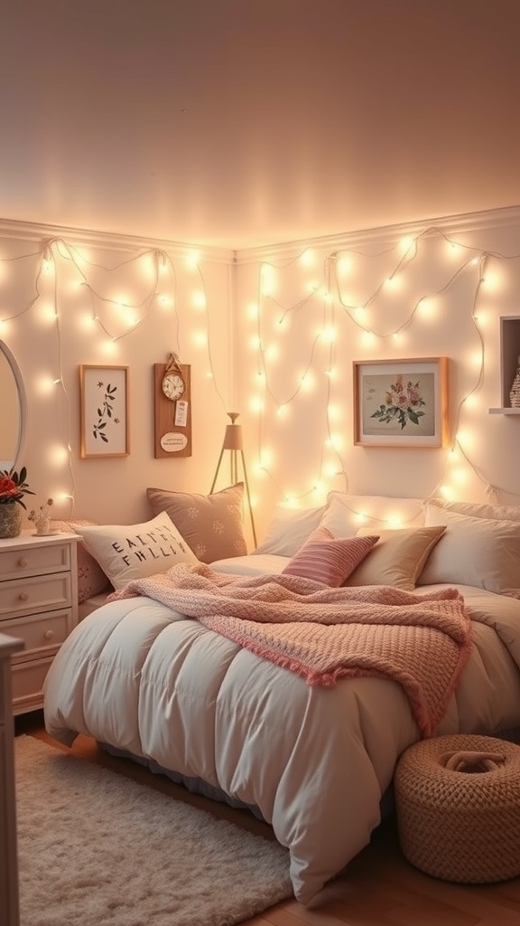 A cozy teen bedroom with fairy lights draped on the walls, soft bedding, and decorative pillows.