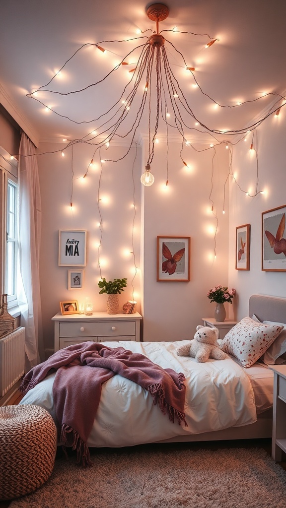 A cozy bedroom with fairy lights hanging from the ceiling, featuring soft bedding and decor.