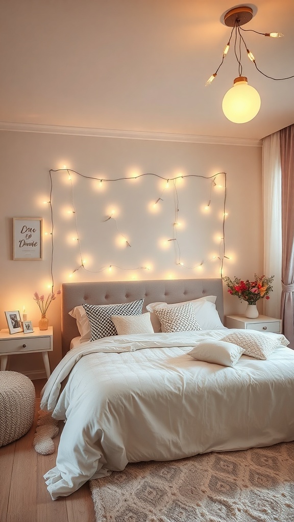A cozy bedroom decorated with fairy lights around the headboard, soft bedding, and a warm glow.