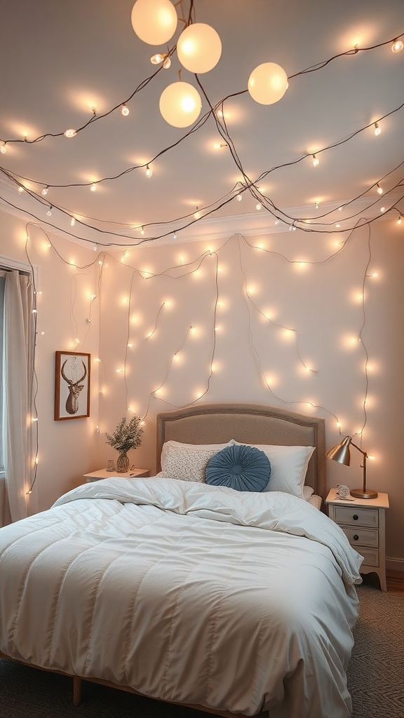 A cozy bedroom with fairy lights draped across the walls, creating a warm and inviting atmosphere.