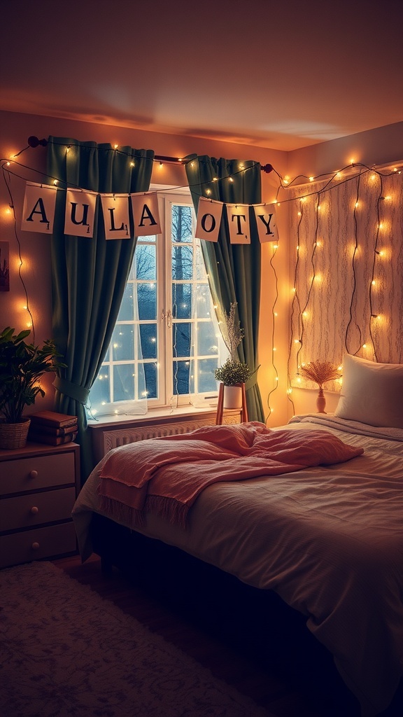 A cozy bedroom with fairy lights strung around the window and walls, creating a warm atmosphere.