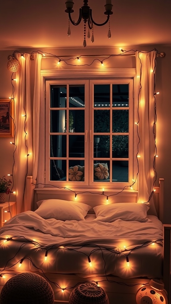 A cozy bedroom with fairy lights draped around the window and bed, creating a warm, inviting atmosphere.