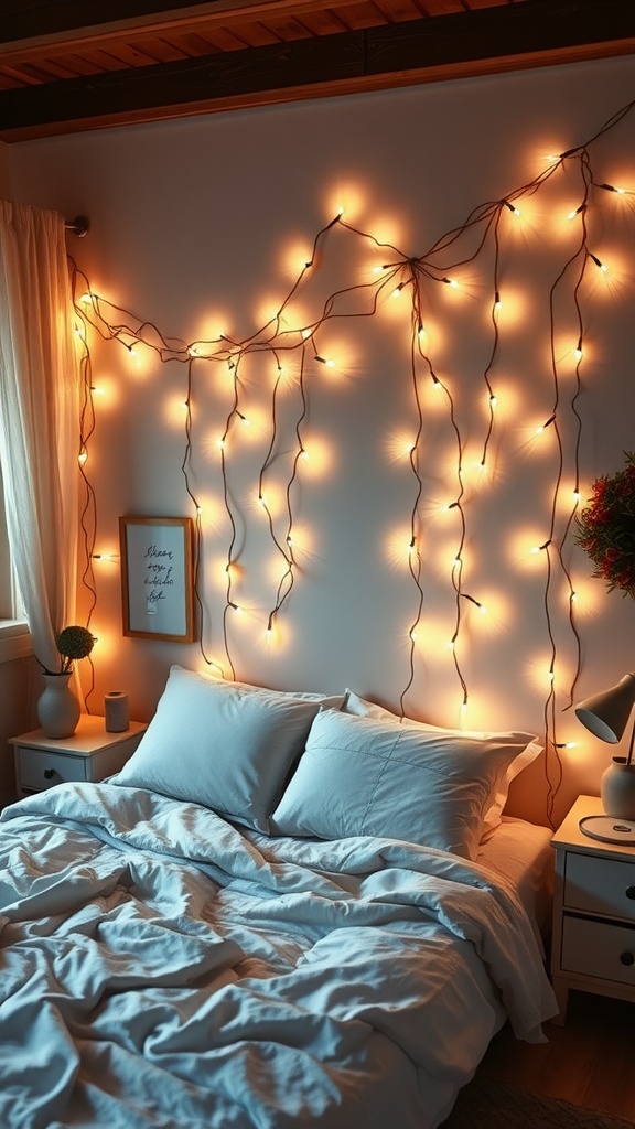 A cozy bedroom with fairy lights hanging on the wall, creating a warm glow.