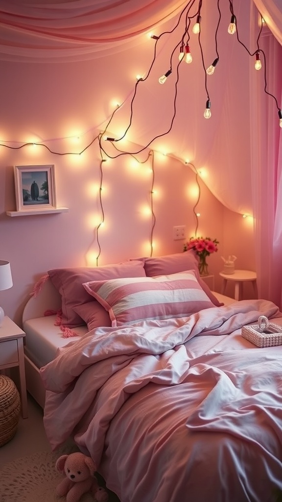 A cozy girly room decorated with fairy lights, soft pink bedding, and a plush teddy bear.