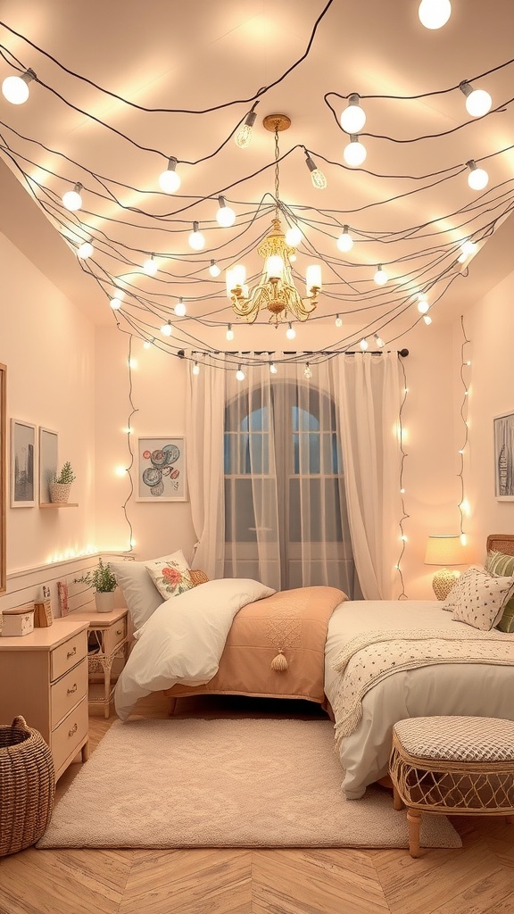 A cozy bedroom with fairy lights strung across the ceiling, creating a warm glow.