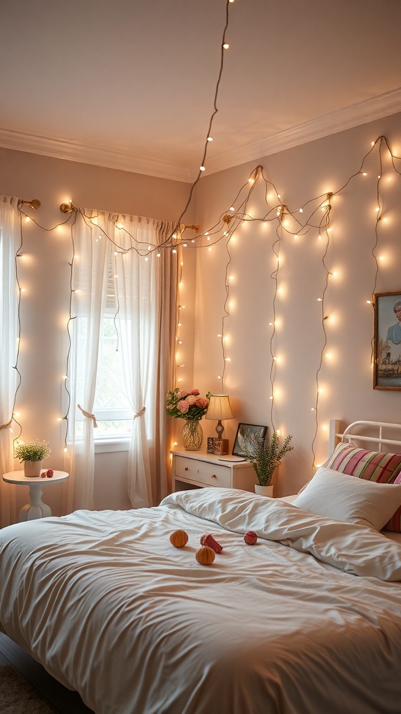 A cozy bedroom with warm fairy lights draped on the walls, creating a romantic atmosphere.
