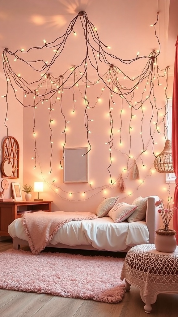 A cozy girly room with whimsical fairy lights hanging from the walls, soft pink bedding, and a fluffy rug.