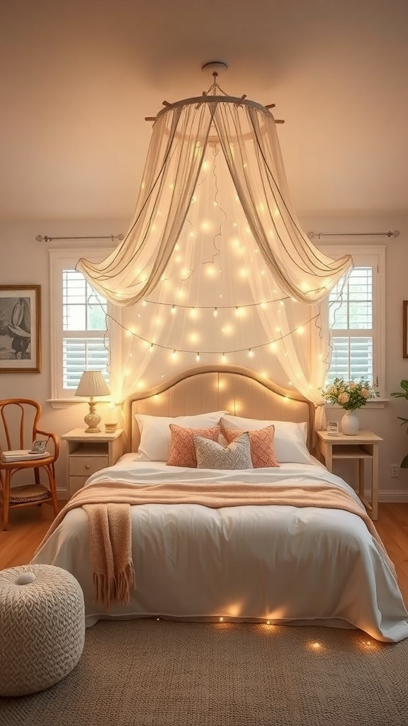 Aesthetic bedroom featuring a bed with fairy lights and a canopy, creating a cozy atmosphere.