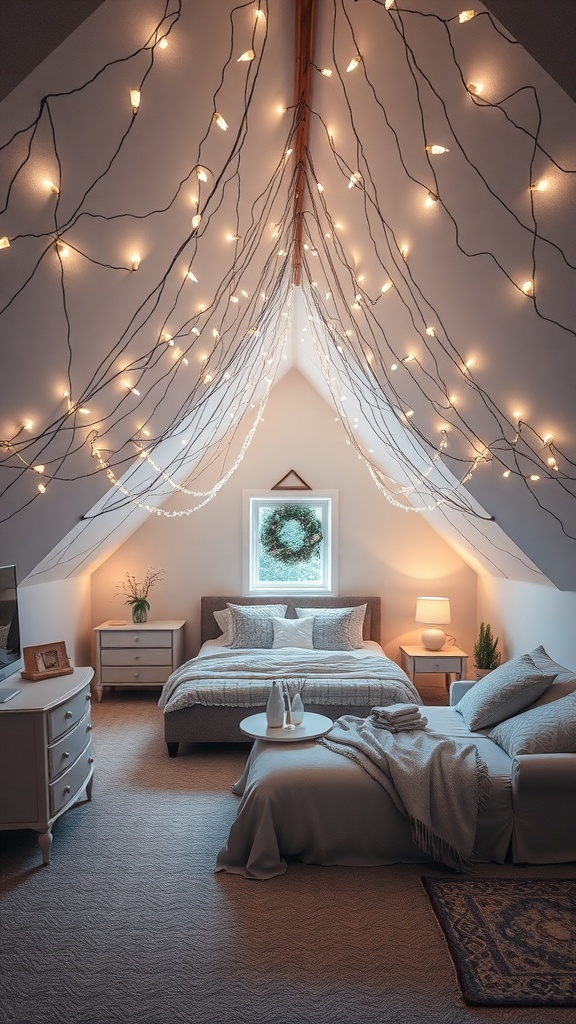 An attic bedroom with angled ceilings decorated with warm fairy lights.